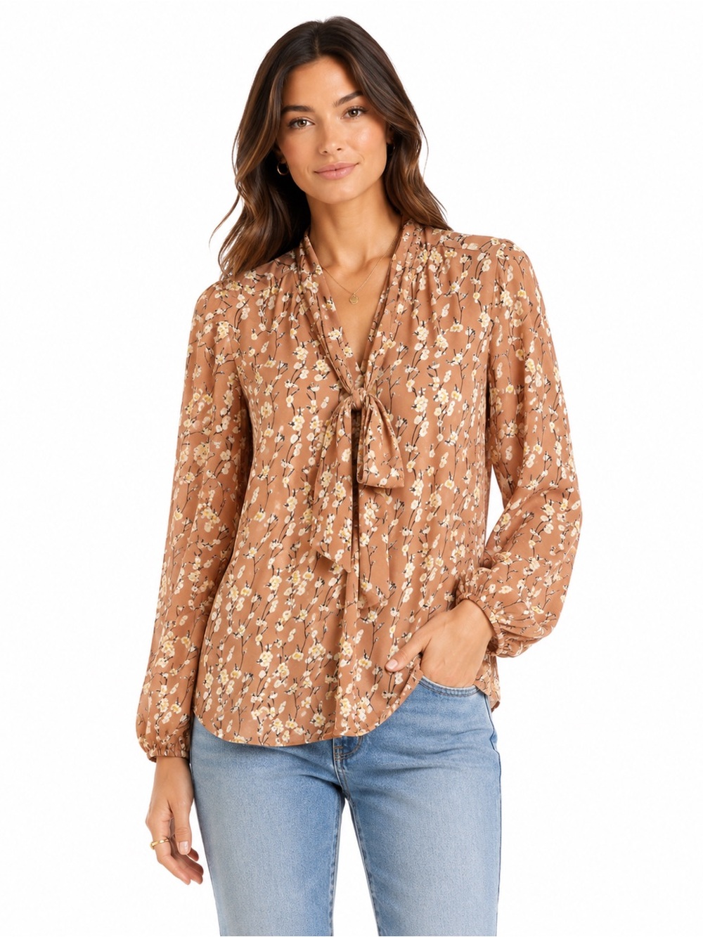 EUC‎ Max Studio Size Medium Floral Tie-Neck Long Sleeve Blouse